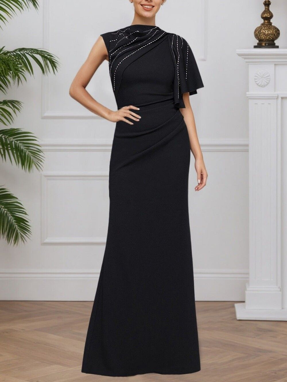 NWT Betsy & Adam Black  Long Scuba Crepe Studded Dress Gown Size 8